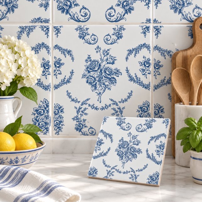Blue French Toile Pattern Floral Tile (Blue French Toile Pattern Floral)