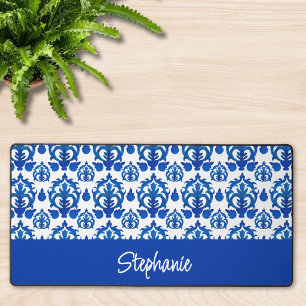 Blue French Toile Pattern Monogram Name Desk Mat