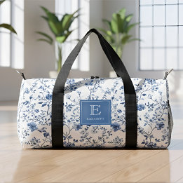 Blue French Toile Pattern Monogram Name Elegant Duffle Bag