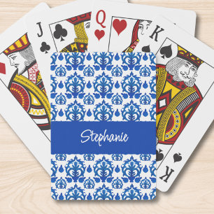 Blue French Toile Pattern Monogram Name Playing Cards