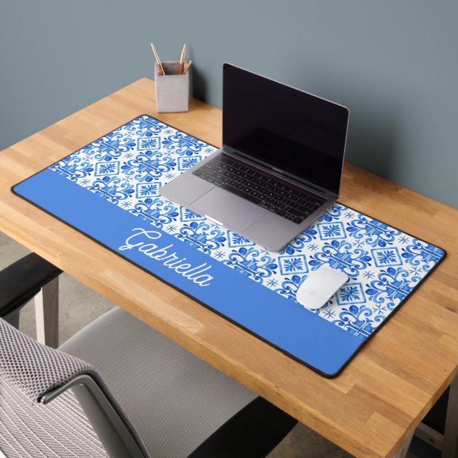 Blue French Toile Pattern Name Desk Mat (Office 2)