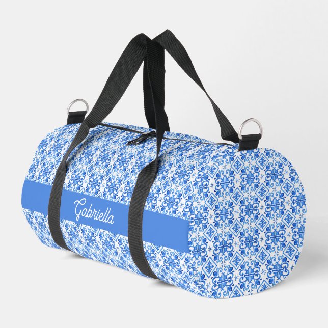 Blue French Toile Pattern Name Duffle Bag (Left Corner)