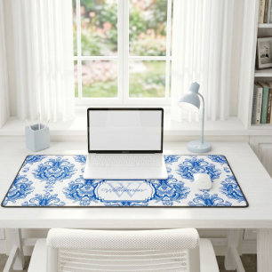 Blue French Toile Pattern Name Monogram Desk Mat