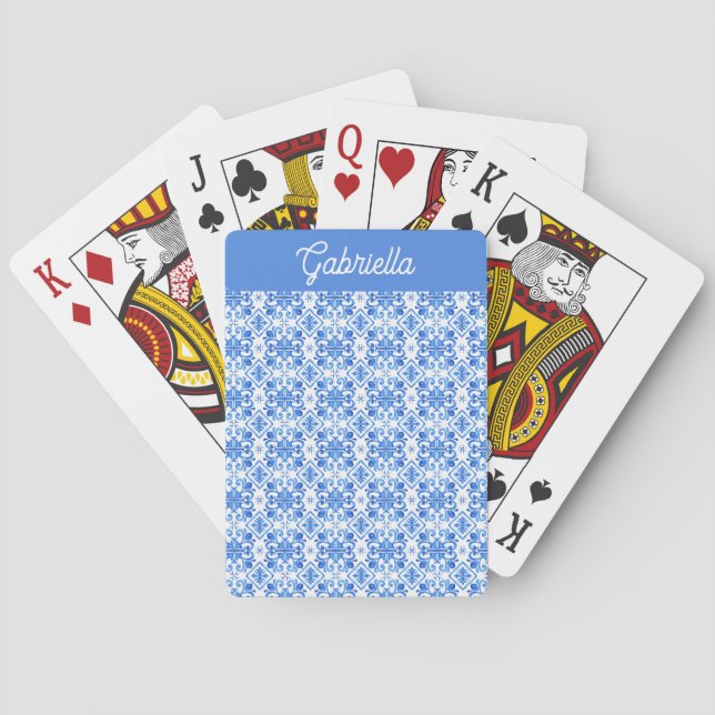 Blue French Toile Pattern Name Playing Cards (Back)