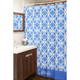 Blue French Toile Pattern Name Shower Curtain