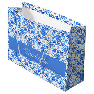 Blue French Toile Pattern name Tissue Paper Large Gift Bag