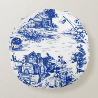Blue French Toile  Round Cushion