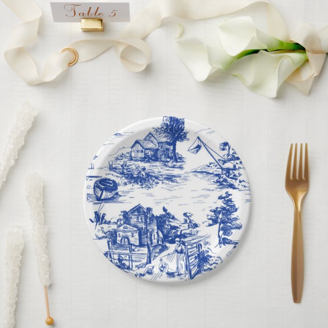 Blue French Toile Round Paper Plate (Wedding)