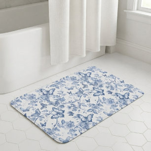 Blue French Toile Watercolor Floral Butterfly Bath Mat