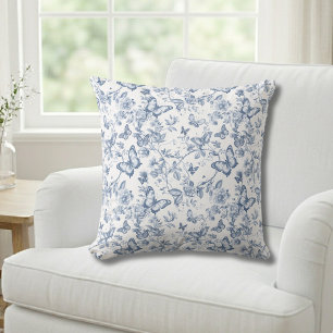 Blue French Toile Watercolor Floral Butterfly Cushion