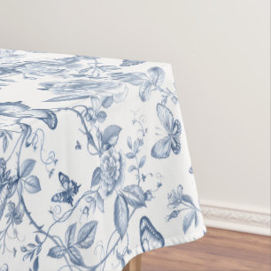 Blue French Toile Watercolor Floral Butterfly Tablecloth