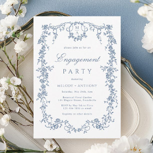 Blue French Victorian Floral Engagement Party Invitation