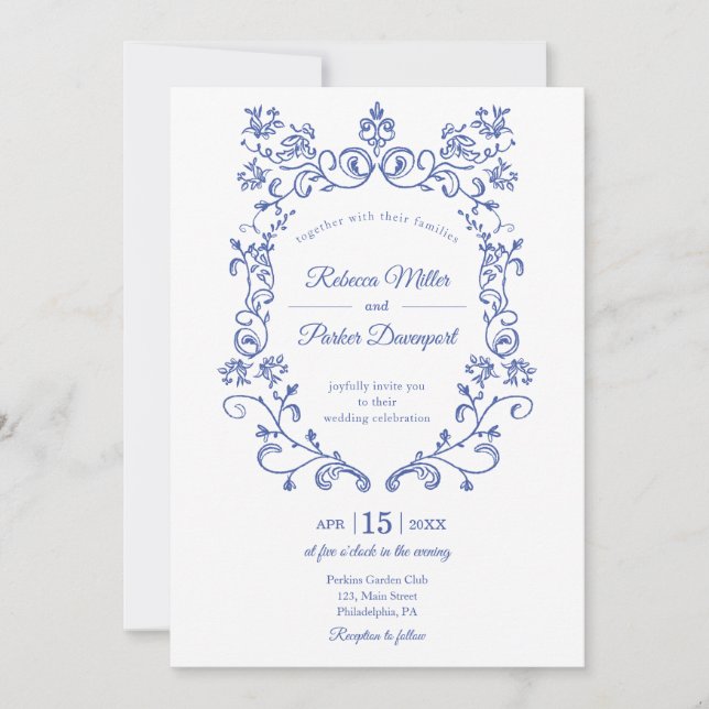 Blue French Wedding photo qr code on back Invitation (Front)