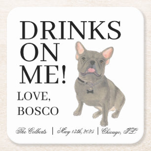 Blue Frenchie French Bulldog Wedding Square Paper Coaster