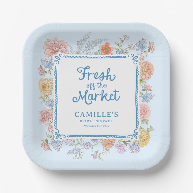 Blue Fresh off the Market Bridal Shower Paper Plate (Front)