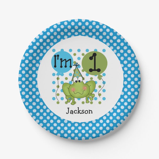 Blue Frog 1st Birthday Paper Plates (Front)