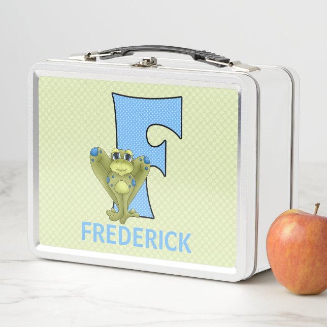 Blue Frog Monogrammed F Animal Kids Metal Lunch Box (In Situ)