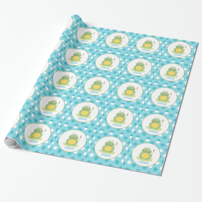 Blue Frog Pink Dot Customisable Wrapping Paper (Unrolled)