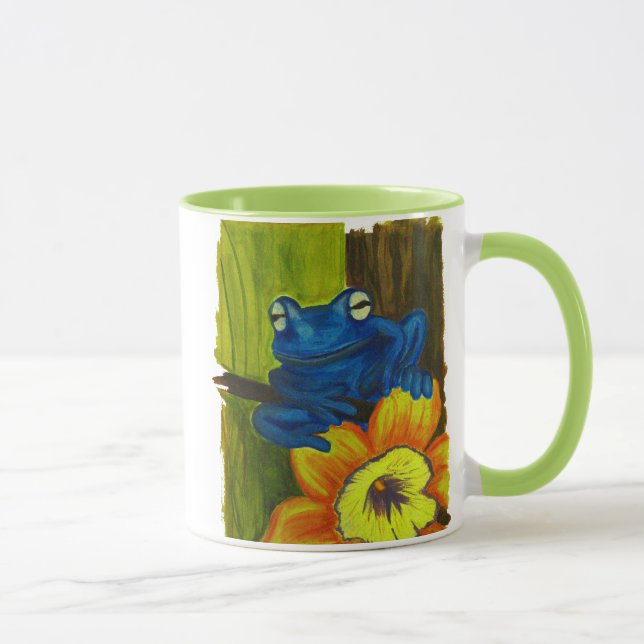 Blue frog relaxing on flower and tree branch mug (Right)