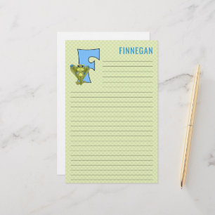 Blue Frog with Green Plaid Letter F Lined Stationery