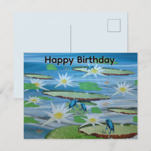 Blue Frogs On Lily Pads, Birthday Postcard