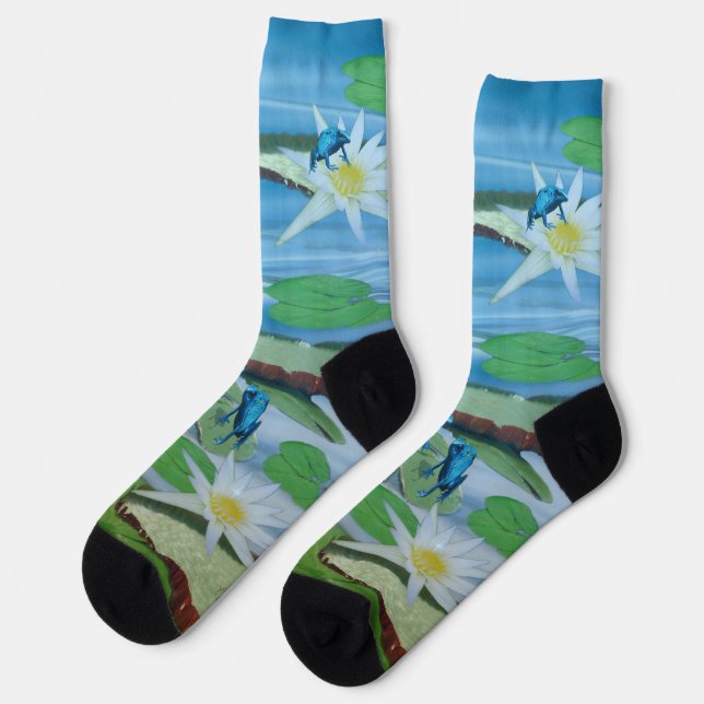 Blue Frogs On Lotus Flowers, Crew Socks (Left)
