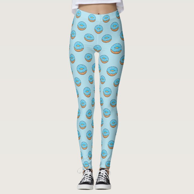 Blue Frosted Doughnut with Sprinkles Cartoon Leggings (Front)