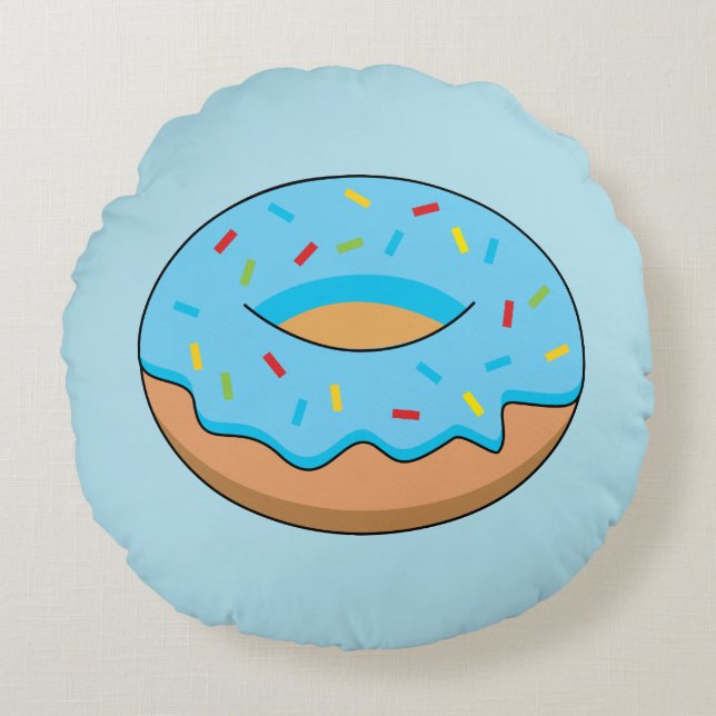 Blue Frosted Doughnut with Sprinkles Cartoon Round Cushion (Front)
