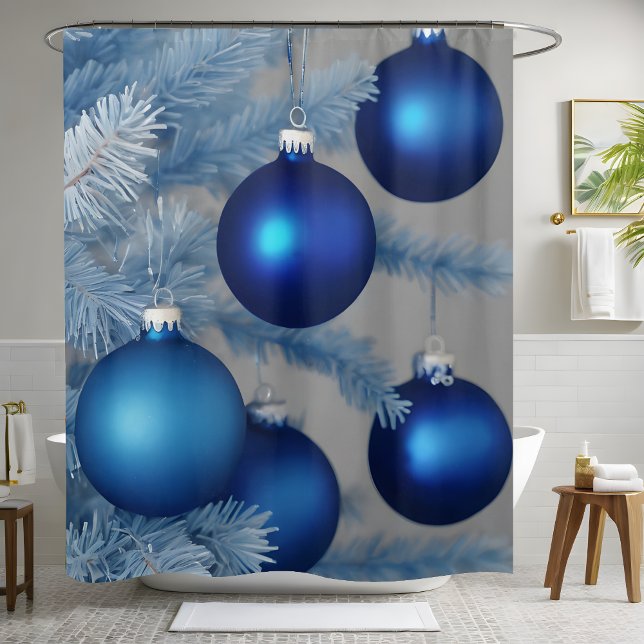 Blue Frosted Ornaments White Tree Christmas  Shower Curtain (Creator Uploaded)