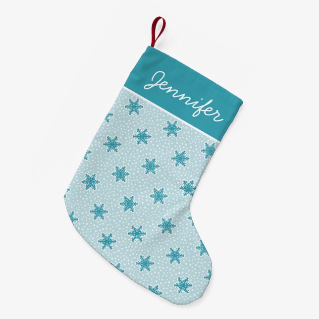 Blue Frosted Winter Snowflake Pattern Small Christmas Stocking (Front (Hanging))