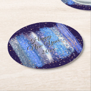 Blue Frosty Brush Strokes Happy New Year 20xx Squa Round Paper Coaster