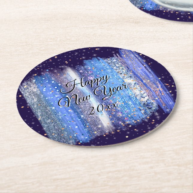 Blue Frosty Brush Strokes Happy New Year 20xx Squa Round Paper Coaster (Angled)