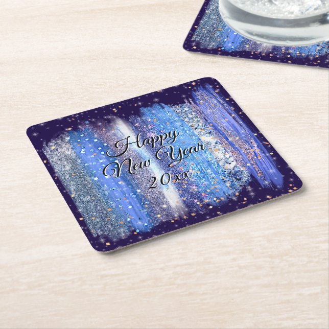 Blue Frosty Brush Strokes Happy New Year 20xx Square Paper Coaster (Angled)