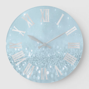 Blue Frozen Silver Glitter Grey Roman Numbers Large Clock