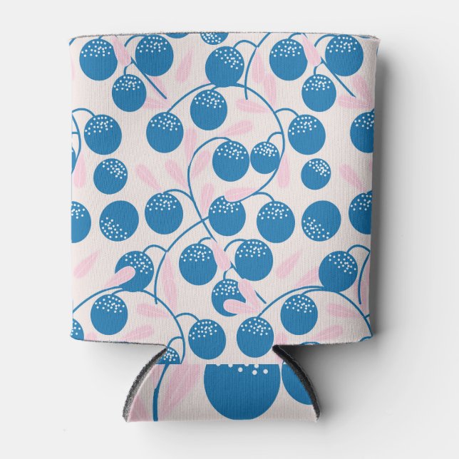 Blue fruits, pink leaves, seamless design. can cooler (Front)