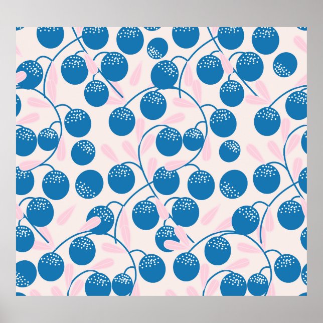 Blue fruits, pink leaves, seamless design. poster (Front)