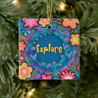 Blue Fun Floral Colourful Pretty Explore Ceramic Ornament