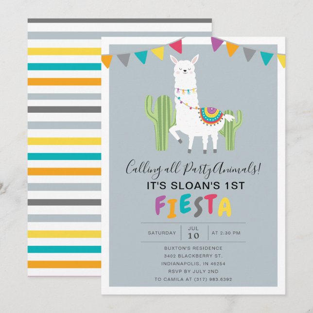 Blue Fun Llama Fiesta Birthday Party Invitation (Front/Back)