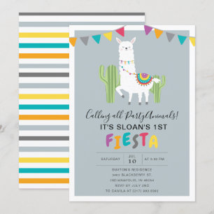 Blue Fun Llama Fiesta Birthday Party Invitation