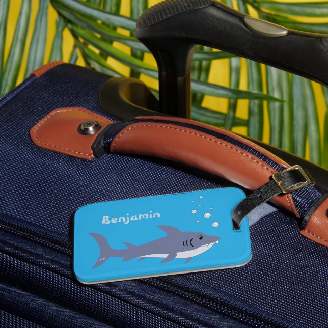 Blue Fun Shark Kid Luggage Tag with Name (Front Insitu 3)