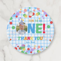 Blue Fun to Be One Photo First Birthday Favor Tags