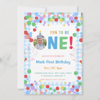 Blue Fun to Be One Photo  First Birthday Invitation