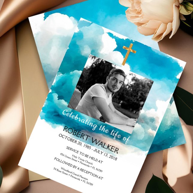 Blue funeral invitation, Celebrating the life  In Invitation (Creator Uploaded)