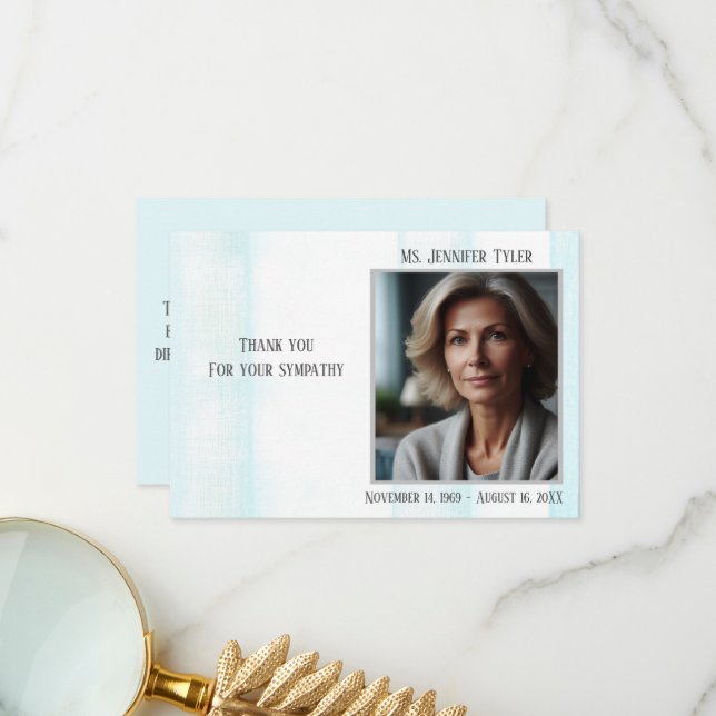 Blue Funeral Memorial From Family Thank You Card (Front/Back In Situ)