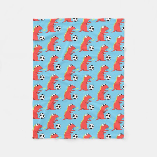 Blue Funny Cartoon Dinosaur Soccer Pattern Fleece Blanket (Front)