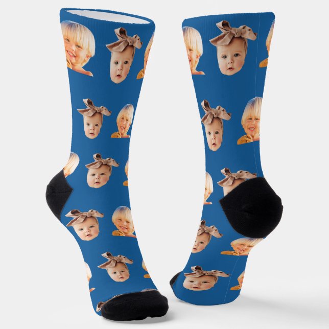 Blue Funny Custom 2 Face Photo Dad Socks (Angled)