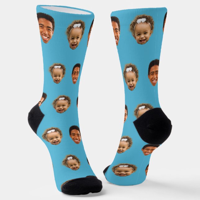 Blue Funny Custom 2 Face Photo Mum Socks (Angled)