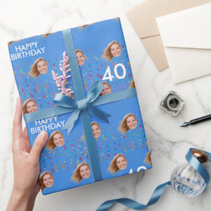 Blue Funny Custom Face Photo 40th Birthday Party Wrapping Paper