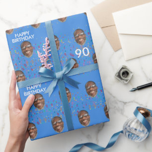 Blue Funny Custom Face Photo 90th Birthday Party Wrapping Paper