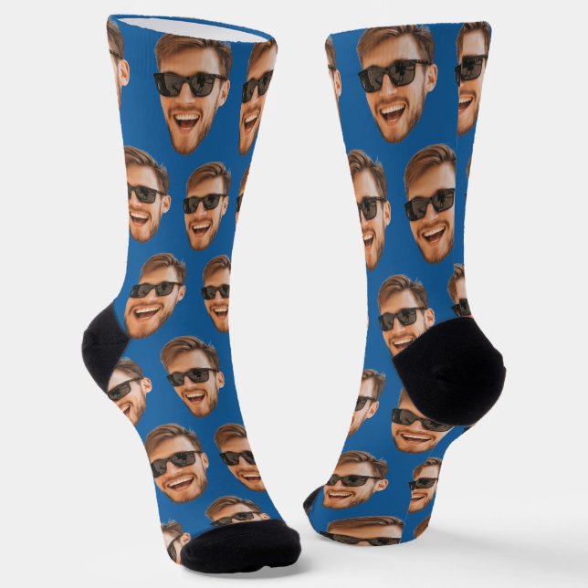 Blue Funny Custom Face Photo Crew Socks (Angled)
